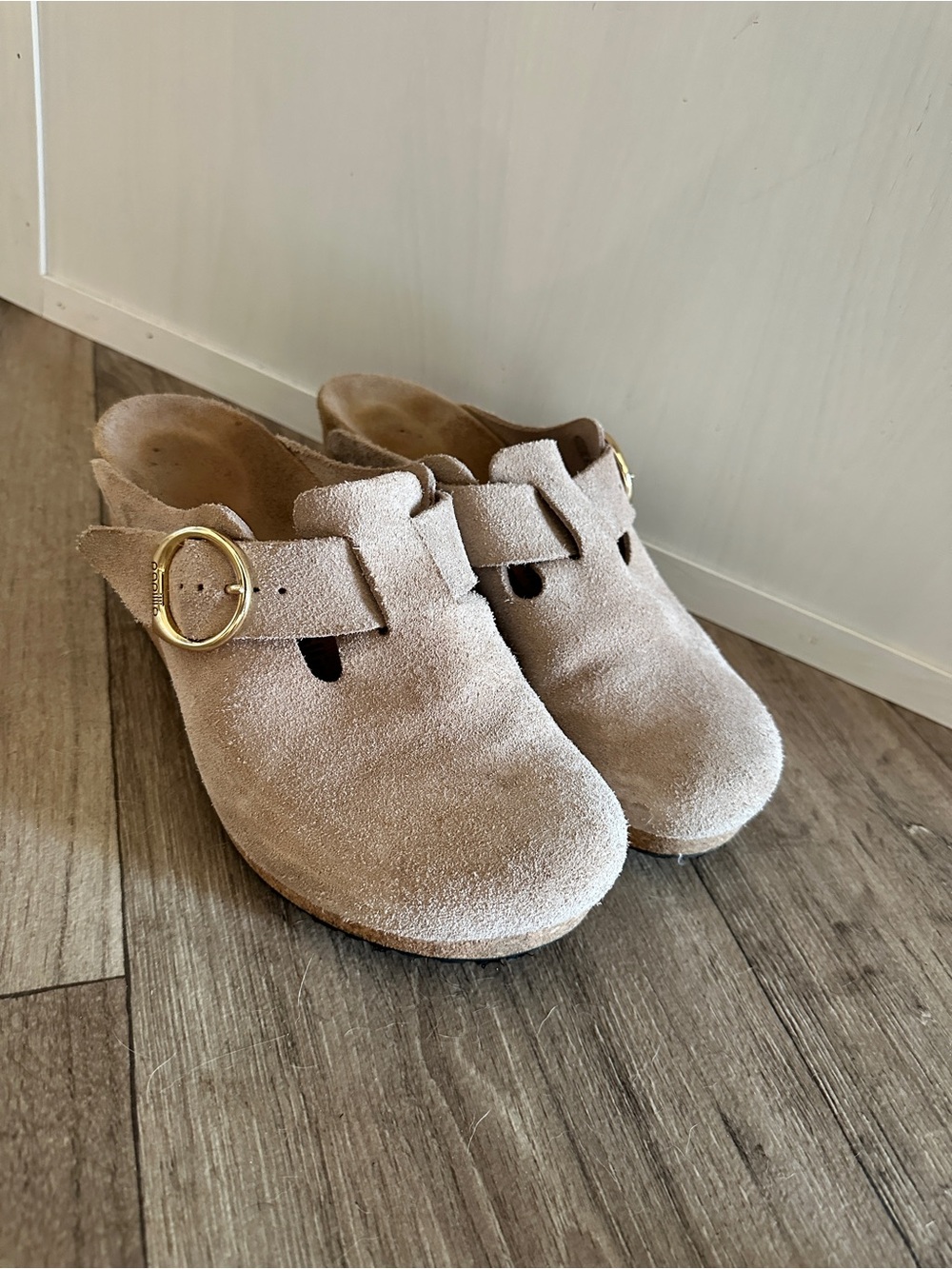 Birkenstock Suede Clog Mules with Gold Buckle - Taupe Beige